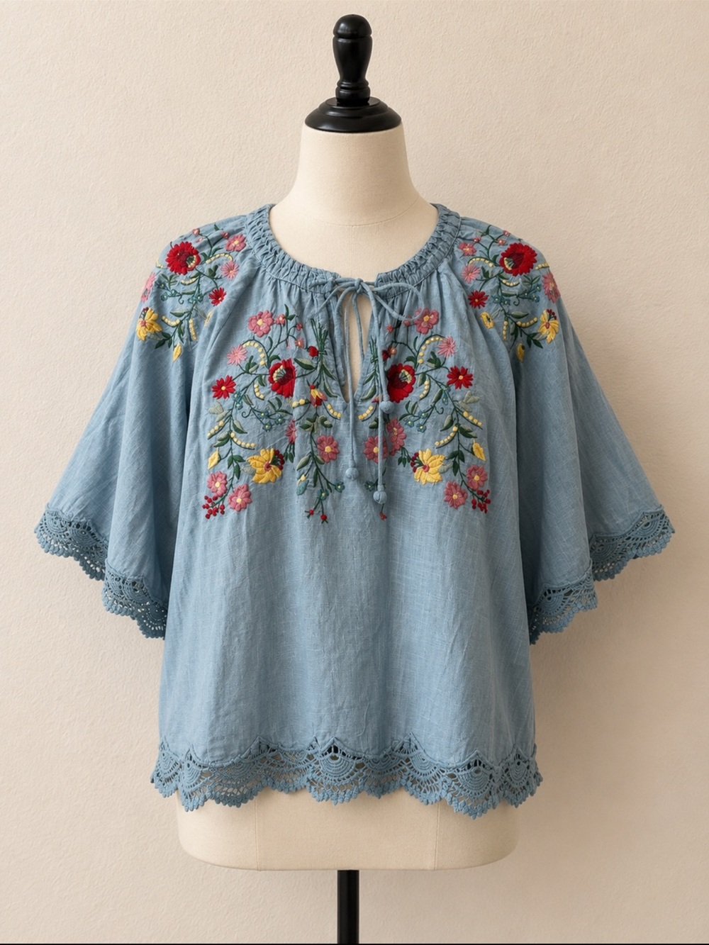 Embroidered Boho Peasant Blouse in Light Blue